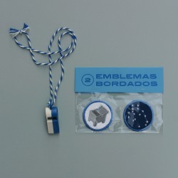 Whistle with baker’s twine + Two embroidered badges